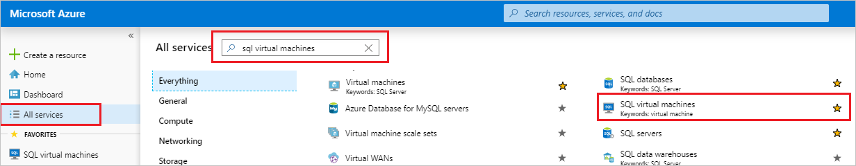 Screenshot of the Azure portal, All services selected, and the search box highlighted.