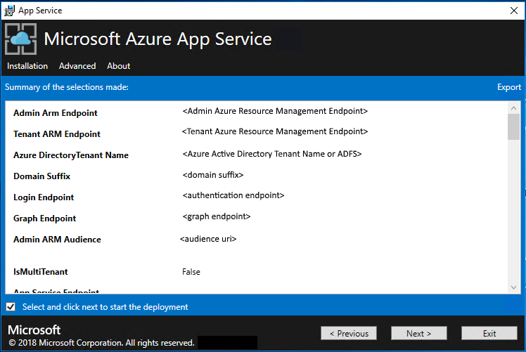 Screenshot that shows the summary of the options specified for deployment by the App Service Installer