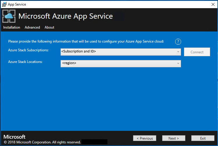 Screenshot that shows where you specify the Azure Stack Hub subscription information in the App Service installer.