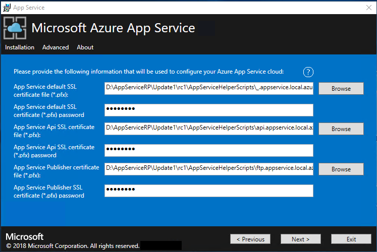 Screenshot that shows the screen where you provide the details of the required certificates in the App Service Installer