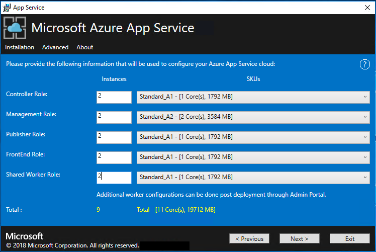 Screenshot that shows the screen where you provide the number of role instances and their corresponding compute sku in the App Service Installer