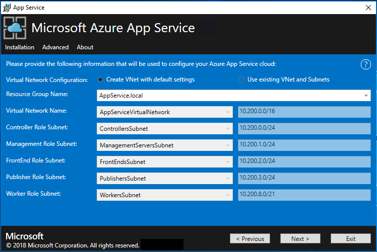 Screenshot that shows the screen where you configure your virtual network in the App Service installer.