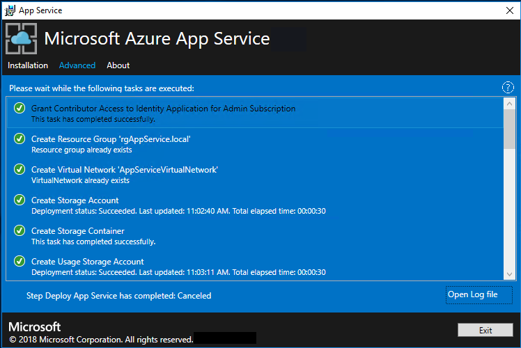 Screenshot that shows the deployment progress made by the App Service Installer