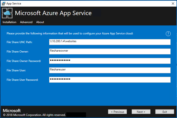 Screenshot that shows the screen where you configure your File Server paths and credentials in the App Service installer