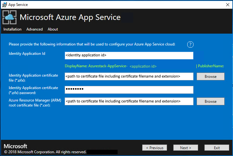 Screenshot that shows the screen where you provide the details of the Microsoft Entra / ADFS Identity Application, and Azure Stack Resource Manager Certificate, in the App Service Installer