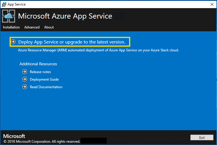 Screenshot showing the main screen of the Azure App Service installer.