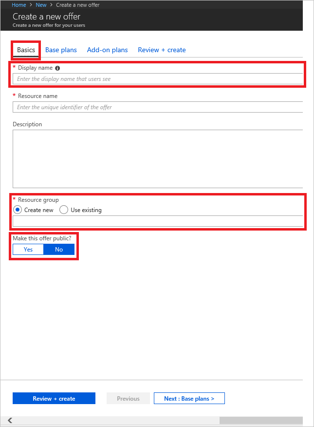 Screenshot that shows where to add basic information about the new offer in Azure Stack Hub.