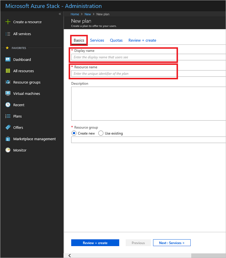 Screenshot that shows how to specify details for new plan in Azure Stack Hub.
