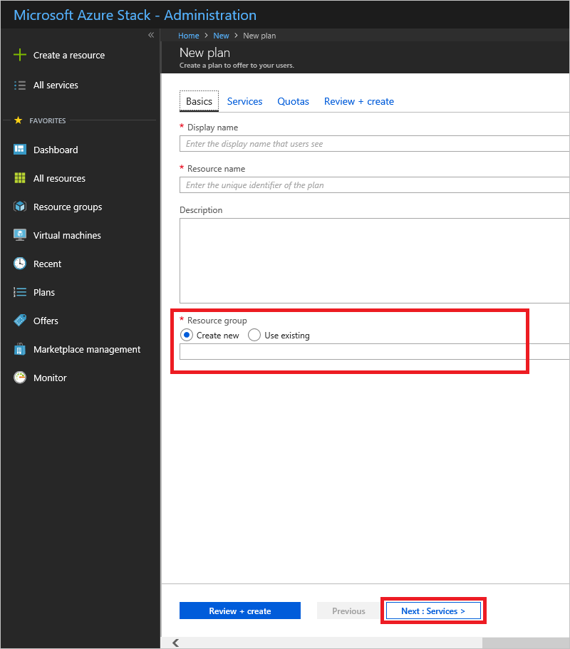Screenshot that shows how to specify the resource group for new plan in Azure Stack Hub.