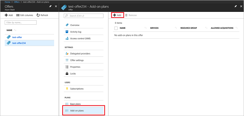 Screenshot that shows how to select add-on plans in Azure Stack administrator portal.