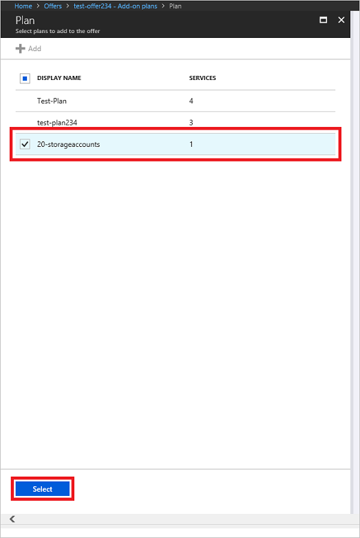 Screenshot that shows how to select the add-on plan to add in Azure Stack administrator portal.