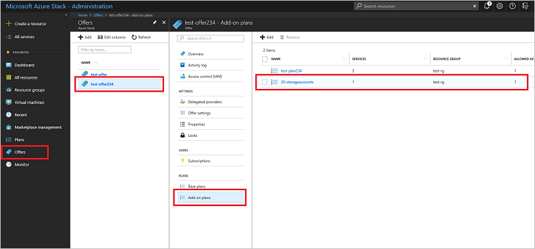 Screenshot that shows a list of add-on plans to review in Azure Stack administrator portal.