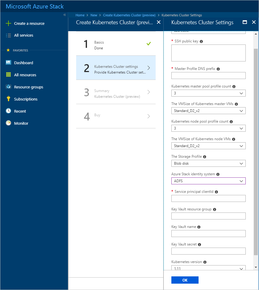 Screenshot that shows the step where you configure the Kubernetes cluster settings.