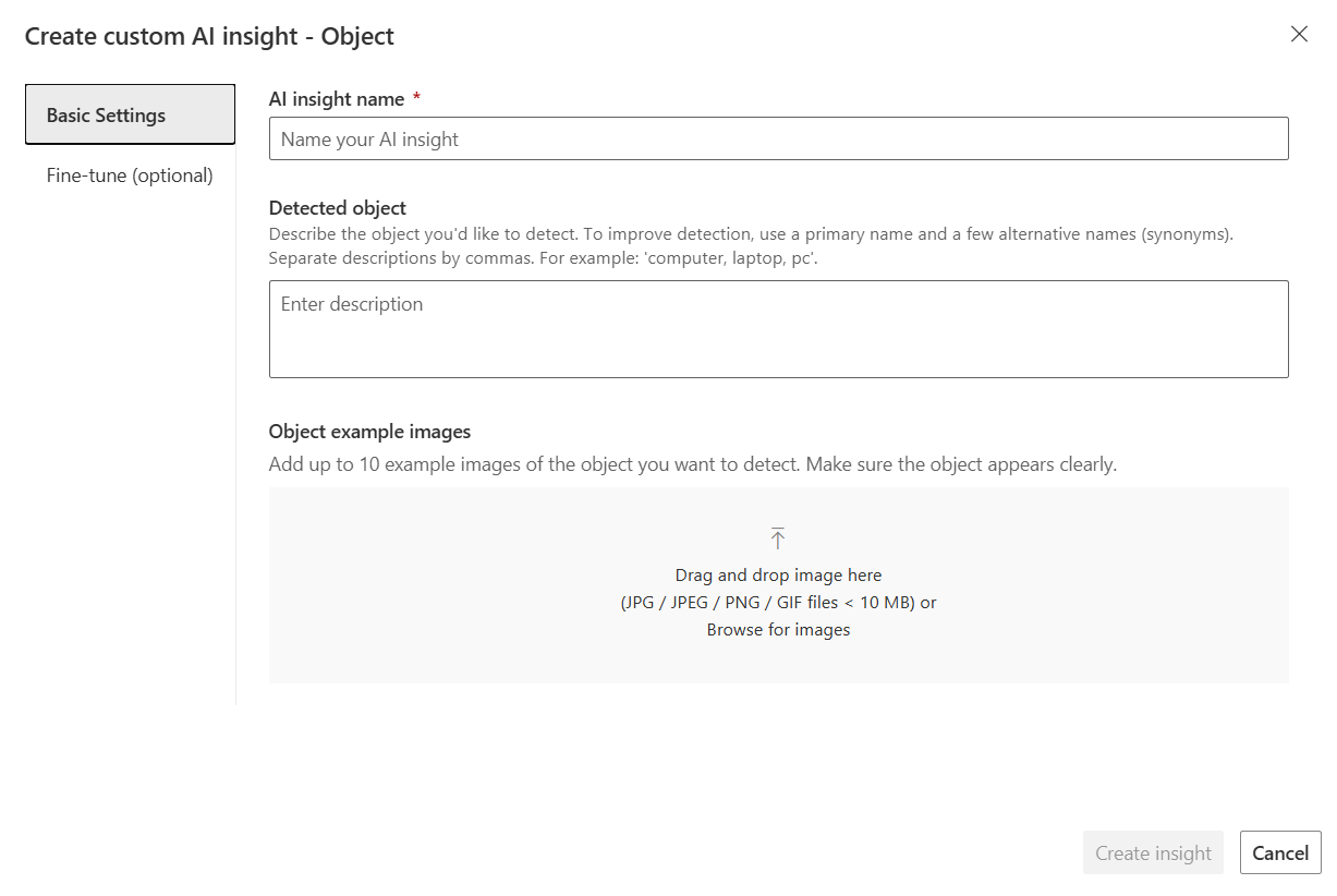 Screenshot of the create custom AI insight page for object detection where you add a name, describe the object, and upload images.