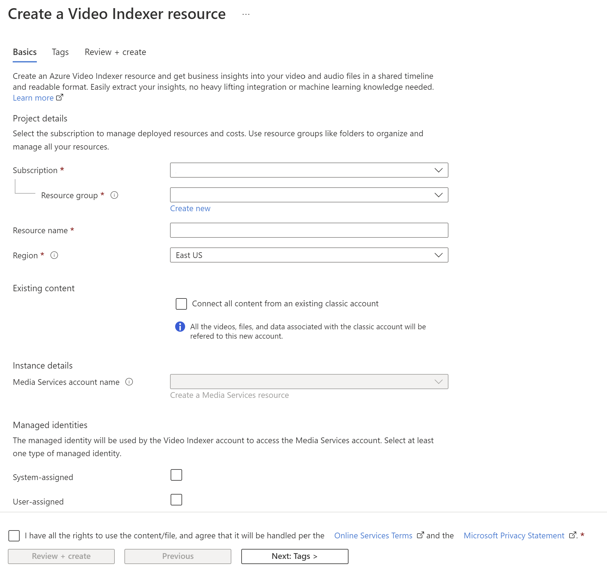 Screenshot showing how to create an Azure Video Indexer resource.