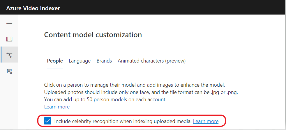 Screenshot showing the celebrity recognition toggle.