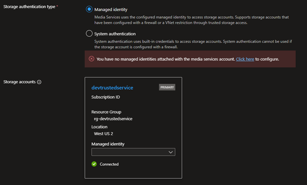 Screenshot of Assigned Managed Identity role on the connected storage account for Media Services from the Azure portal.