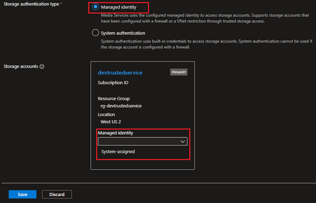 Screenshot of Azure portal to select System Managed Identity role on the connected storage account for Media Services from the Azure portal.