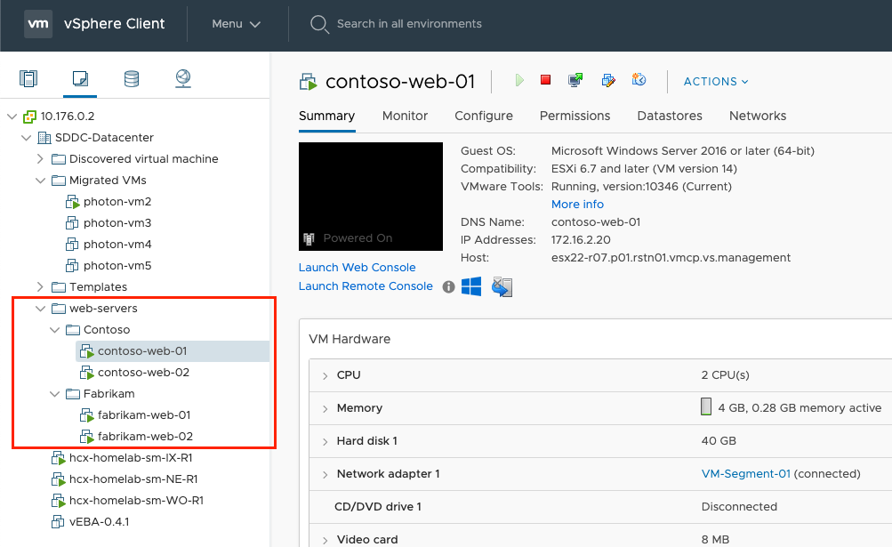 Screenshot showing summary of a web server's details in VMware vSphere Client.
