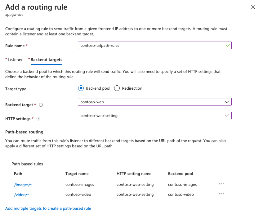 Screenshot of Add a routing rule page to configure routing rules to a backend target.