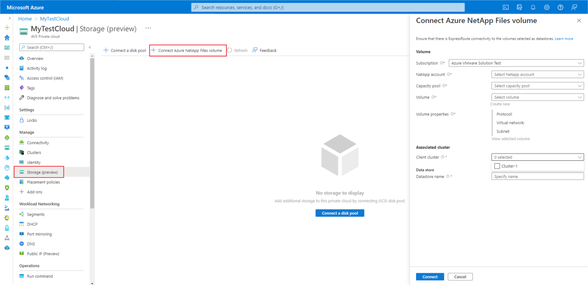 Image shows the navigation to Connect Azure NetApp Files volume pop-up window.