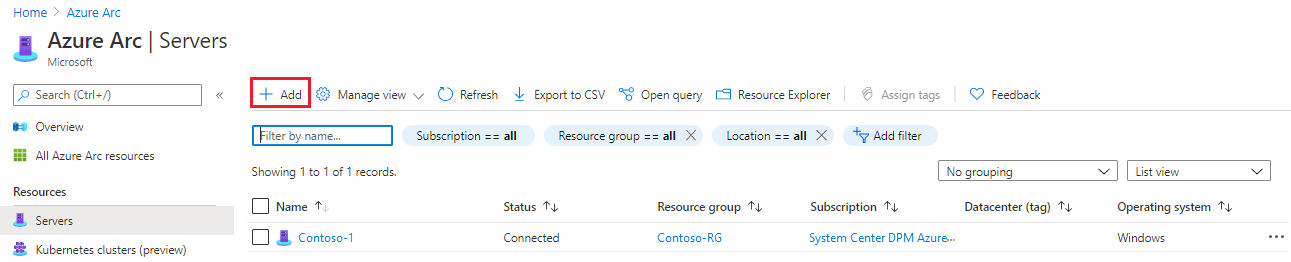 Screenshot showing Azure Arc Servers page for adding an Azure VMware Solution VM to Azure.