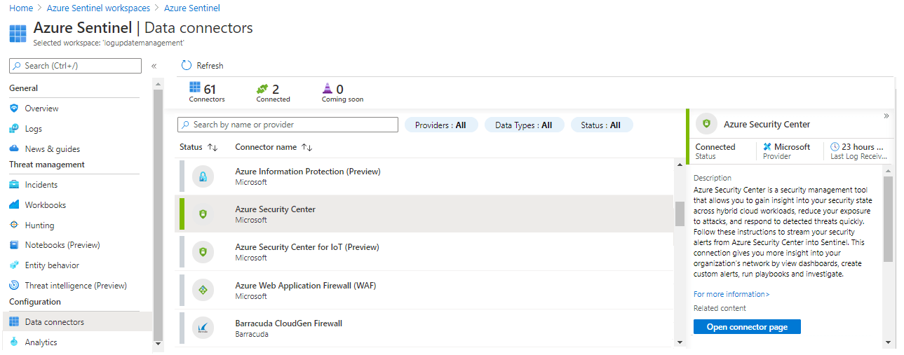 Screenshot of Data connectors page in Microsoft Sentinel showing selection to connect Microsoft Defender for Cloud with Microsoft Sentinel.