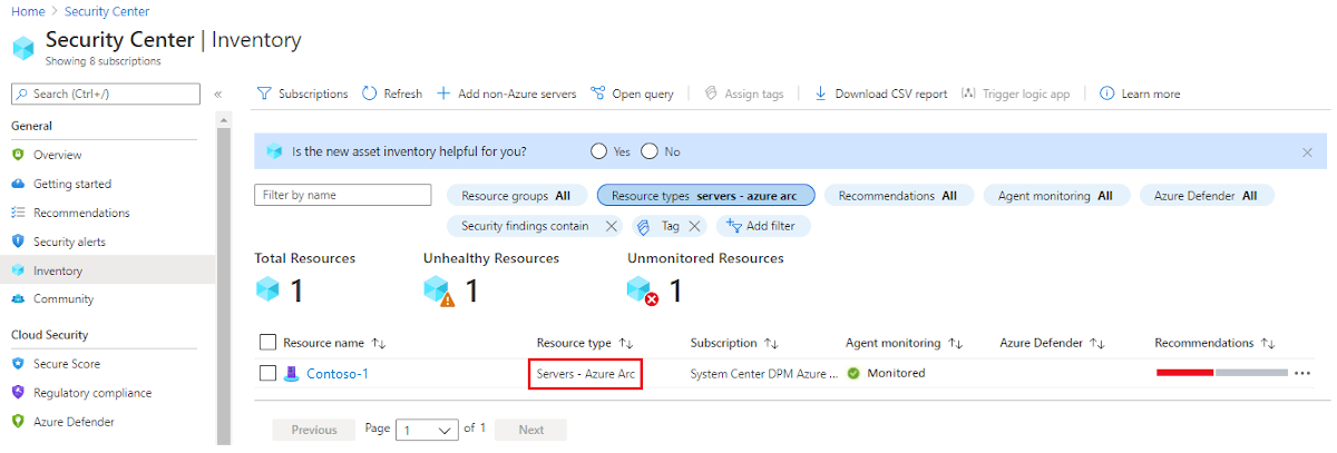 Screenshot showing the Microsoft Defender for Cloud Inventory page with the Servers - Azure Arc selected under Resource type.