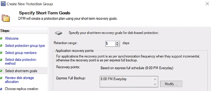 Screenshot showing the retention range to specify short-term recovery goals for disk-based protection.
