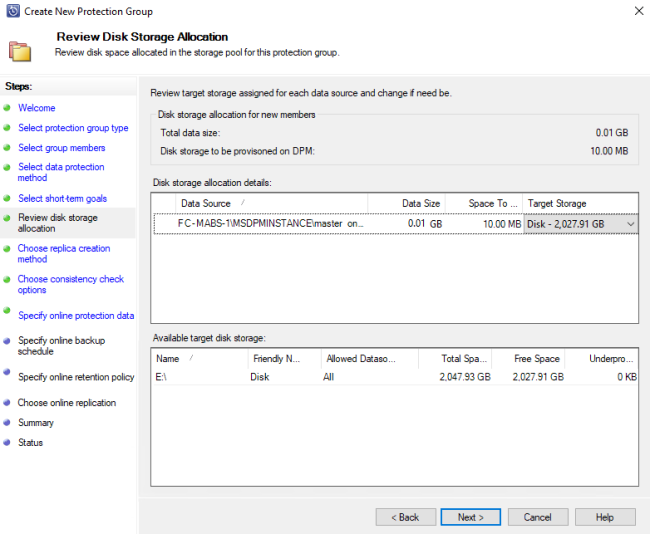 Screenshot showing the Review disk Storage Allocation dialog to review your target storage assigned for each data source.