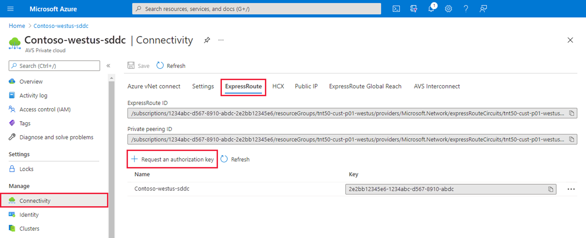 Screenshot shows how to request an ExpressRoute authorization key.