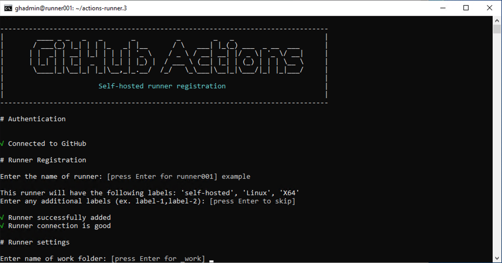 Screenshot showing the GitHub Actions runner registration and settings.