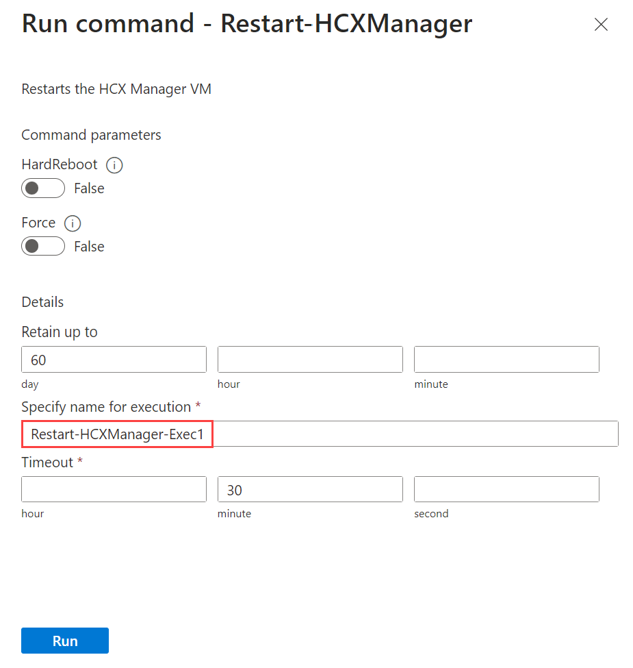 Diagram that shows run command parameters for Restart-HcxManager command.
