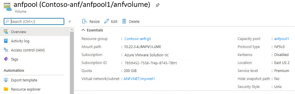 Screenshot showing configuration details of a volume.