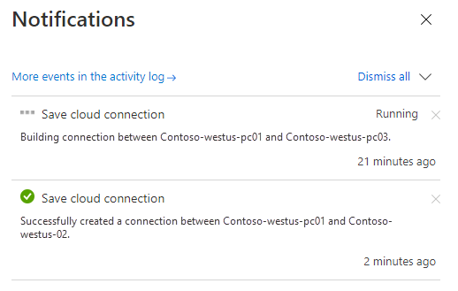 Screenshot showing the Notification information for connection in progress and an existing connection.