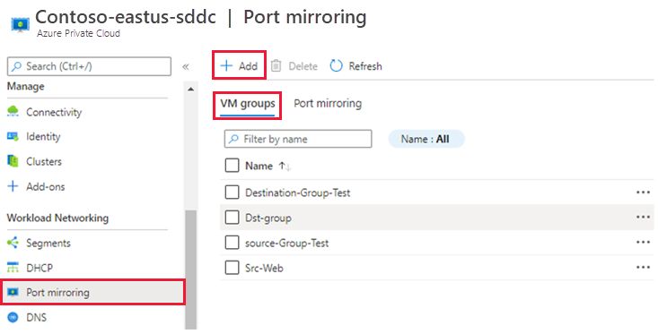 Screenshot showing how to create a VM group for port mirroring.