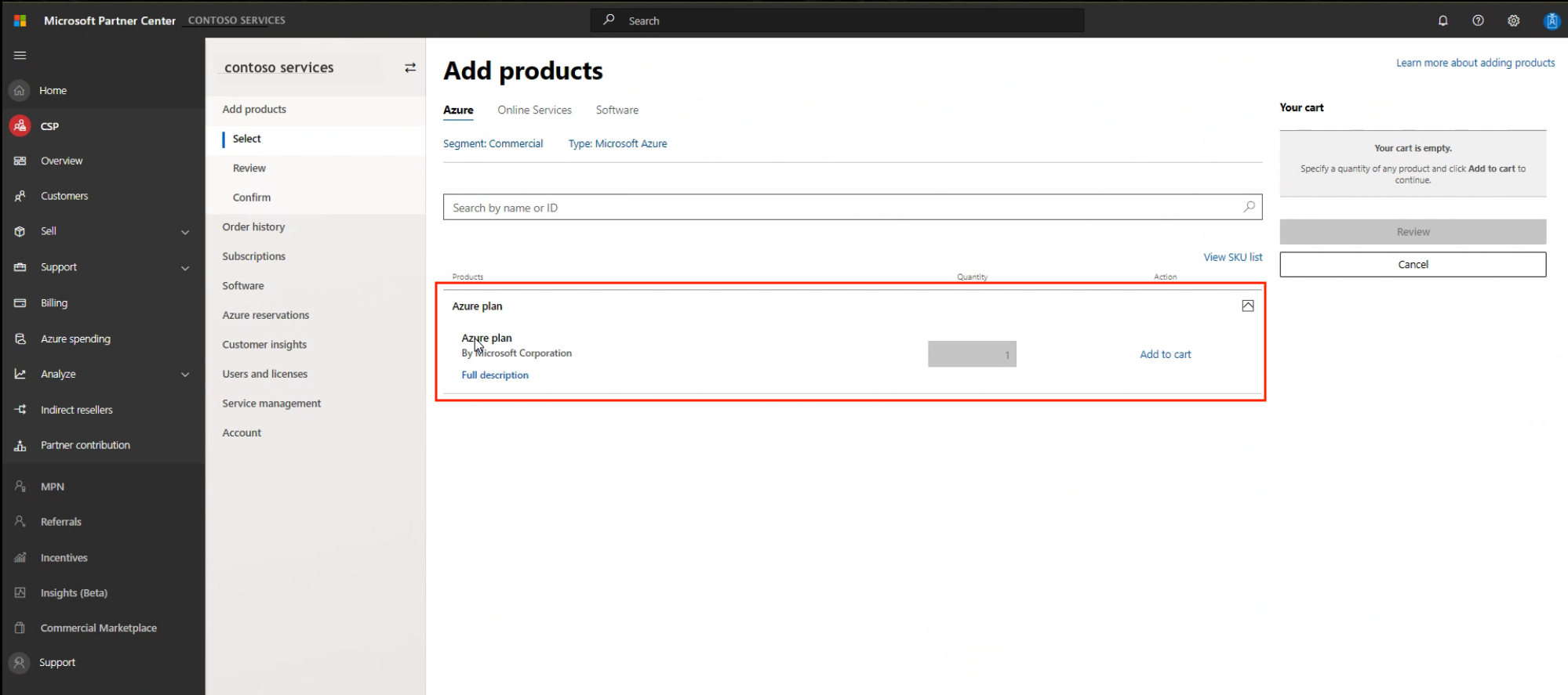 Screenshot showing Azure plan selected in the Microsoft Partner Center.