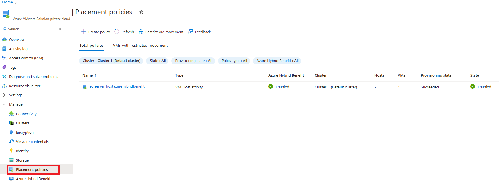 Diagram that shows how to configure virtual machine placement policies.