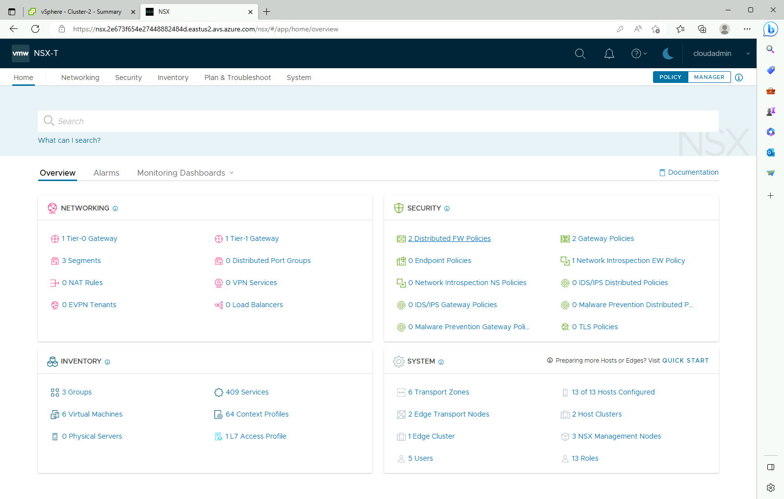 Screenshot of the NSX-T Manager Overview.