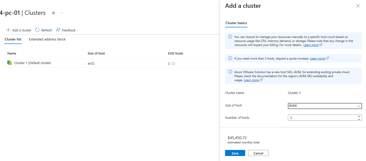 Screenshot showing how to add a cluster to an Azure VMware Solution private cloud.