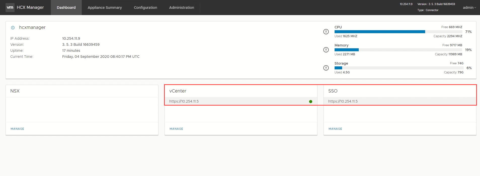 Screenshot of the dashboard with green vCenter Server status.