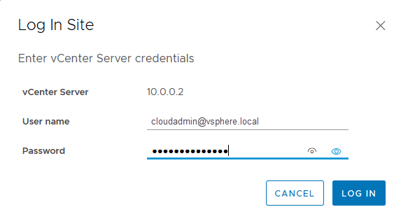Screenshot showing the vCenter Server credentials.