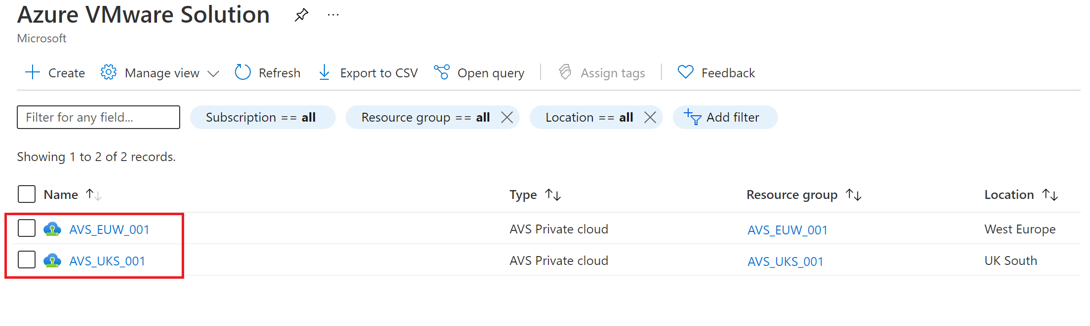 Screenshot showing two Azure VMware Solution private clouds in separate regions.