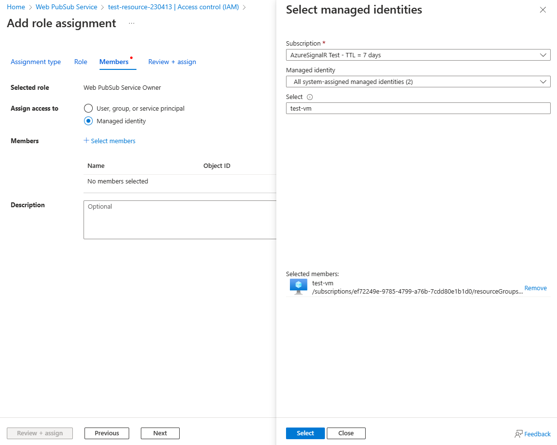 Screenshot of assigning role to managed identities.