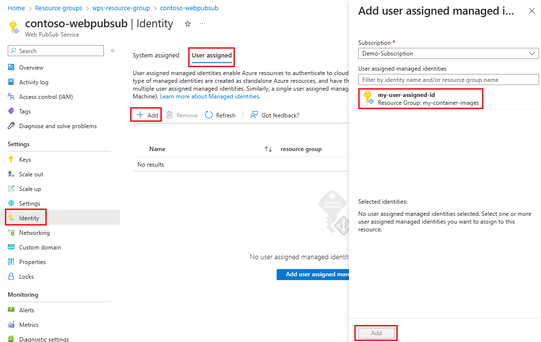 Screenshot of enabling user assigned managed identity.