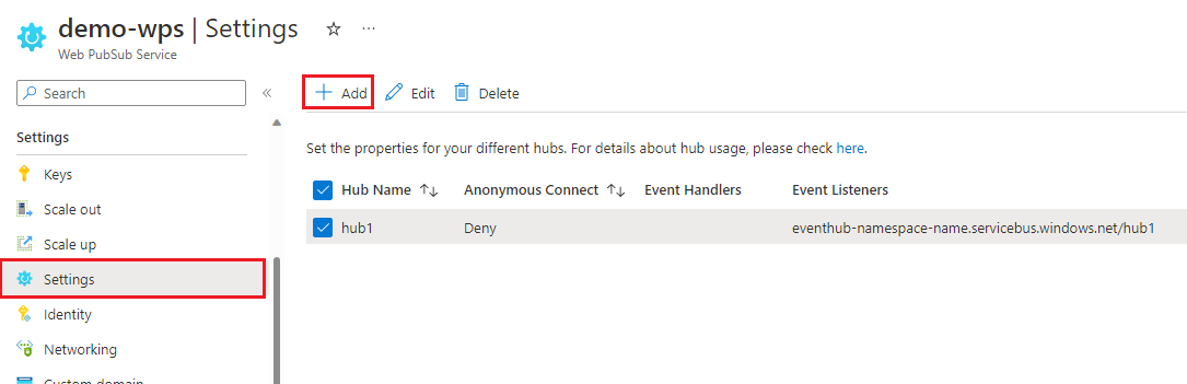 Screenshot of Web PubSub settings