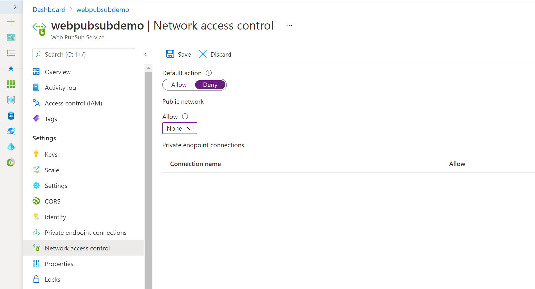 Network Access Control in Azure portal.