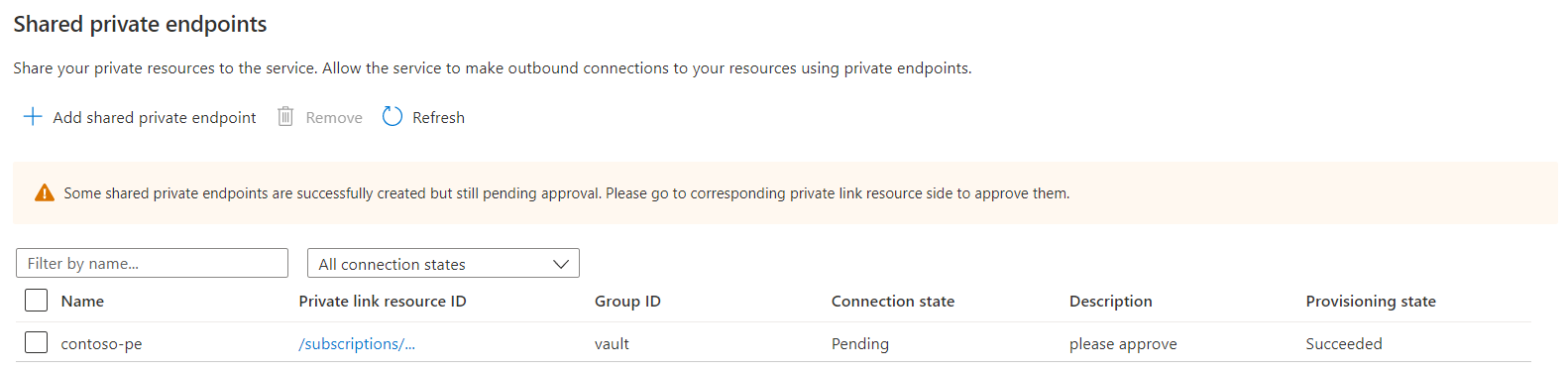 Screenshot of an added shared private endpoint.