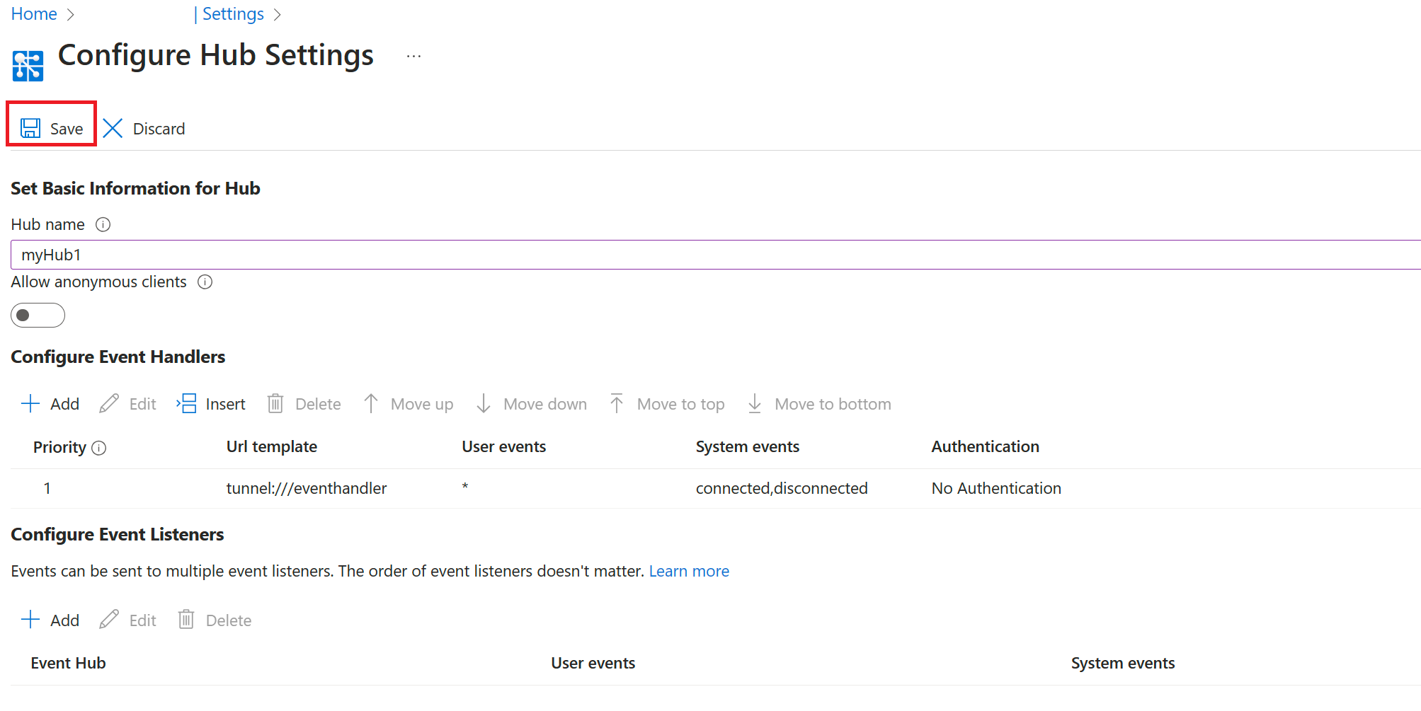 Screenshot of Azure Web PubSub Configure Event Handler - save.