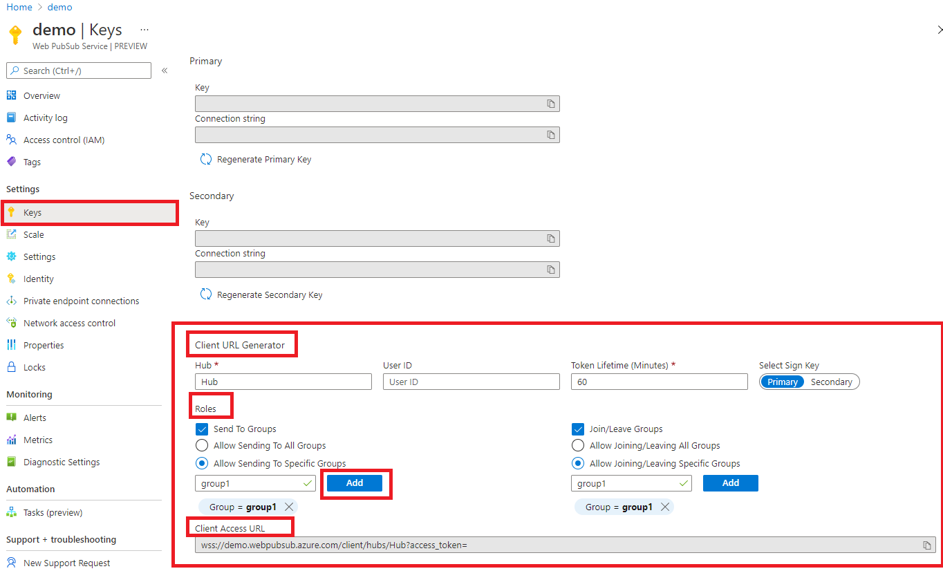 Screenshot showing how to get Client Access Url on Azure portal